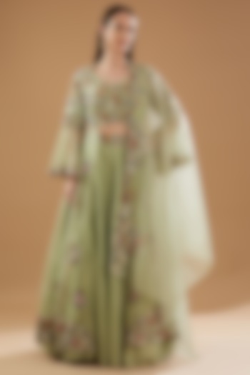 Moss Green Dupion Silk & Organza Wedding Lehenga Set by Baidehi at Pernia's Pop Up Shop