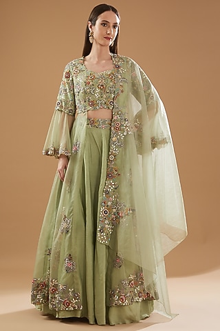 Moss Green Dupion Silk & Organza Lehenga Set by Baidehi