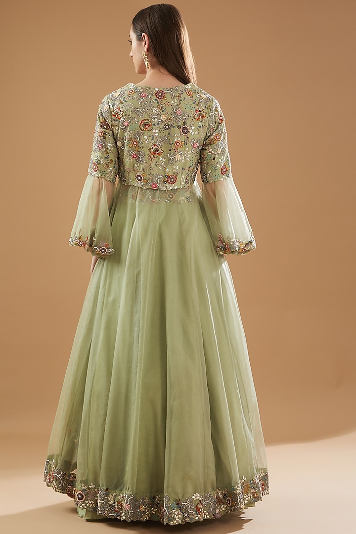 Moss Green Dupion Silk & Organza Wedding Lehenga Set by Baidehi at Pernia's Pop Up Shop