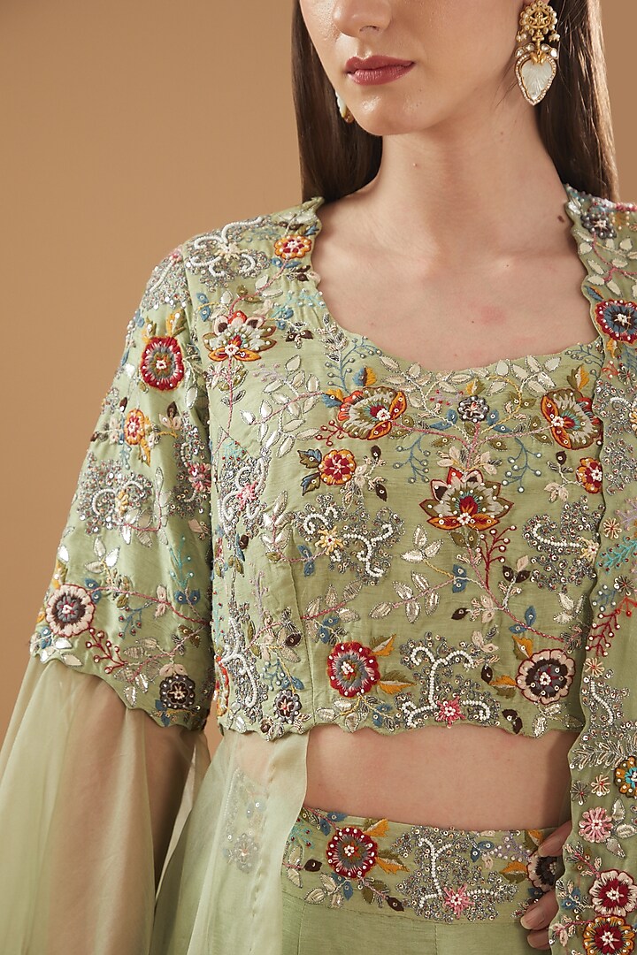 Moss Green Dupion Silk & Organza Wedding Lehenga Set by Baidehi at Pernia's Pop Up Shop