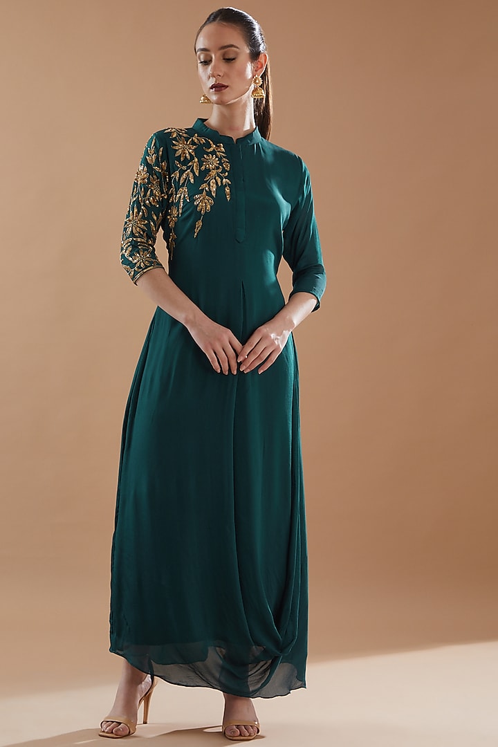 Bottle Green Georgette Embroidered Draped Dress by Baidehi