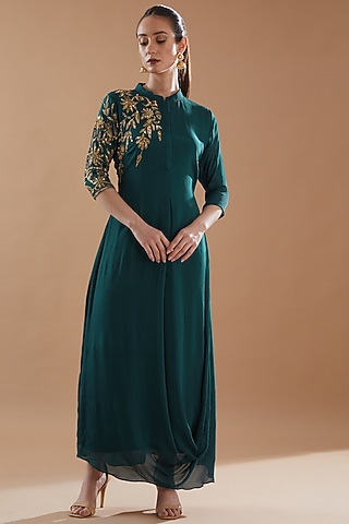 Bottle Green Georgette Embroidered Draped Dress by Baidehi