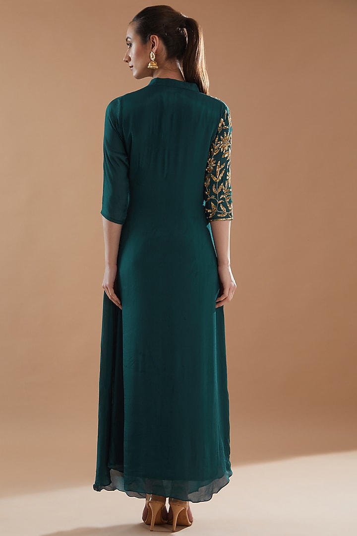 Bottle Green Georgette Embroidered Draped Summer Dress by Baidehi at Pernia's Pop Up Shop