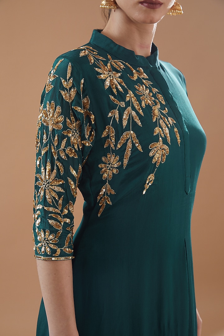 Bottle Green Georgette Embroidered Draped Summer Dress by Baidehi at Pernia's Pop Up Shop