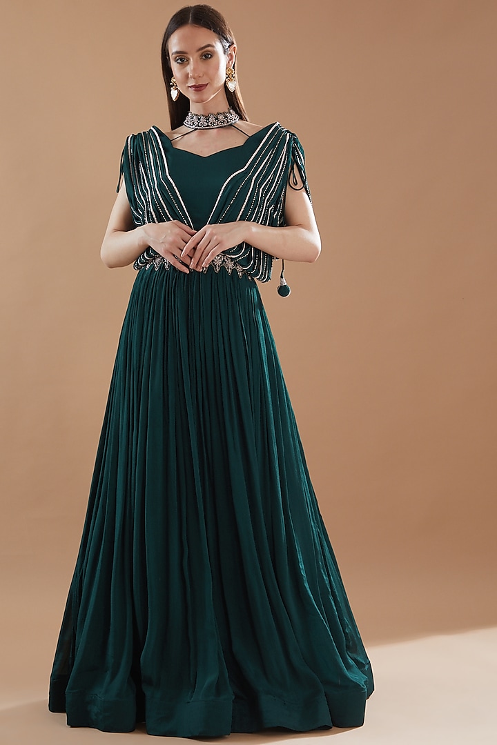Bottle Green Georgette Embroidered Gathered Gown by Baidehi