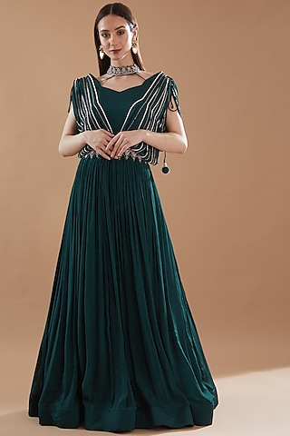 Bottle Green Georgette Embroidered Gathered Gown by Baidehi