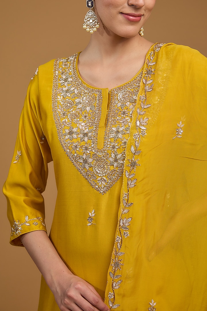 Mustard Bemberg Silk Dabka Embroidered Wedding Anarkali Set by Baidehi at Pernia's Pop Up Shop