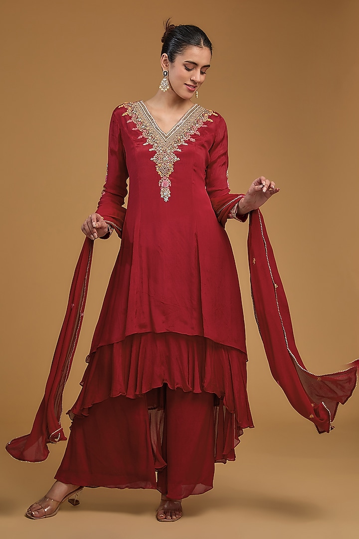 Red Chinon Georgette Sequins Embroidered Asymmetric Anarkali Set by Baidehi