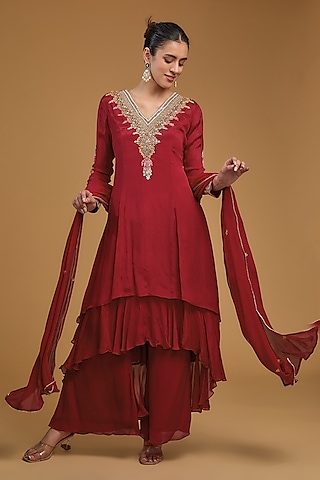Red Chinon Georgette Sequins Embroidered Asymmetric Anarkali Set by Baidehi