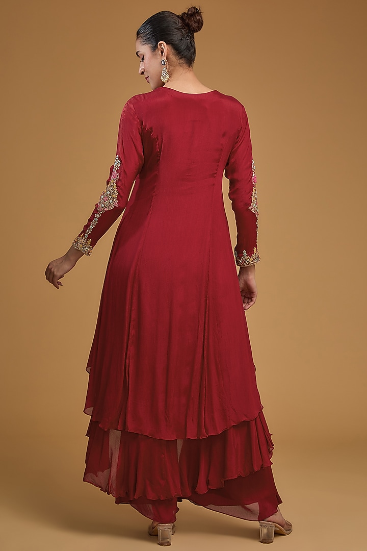 Red Chinon Georgette Sequins Embroidered Asymmetric Party Wear Anarkali Set by Baidehi at Pernia's Pop Up Shop