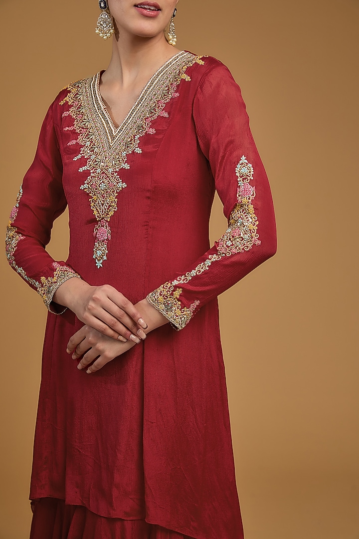 Red Chinon Georgette Sequins Embroidered Asymmetric Party Wear Anarkali Set by Baidehi at Pernia's Pop Up Shop