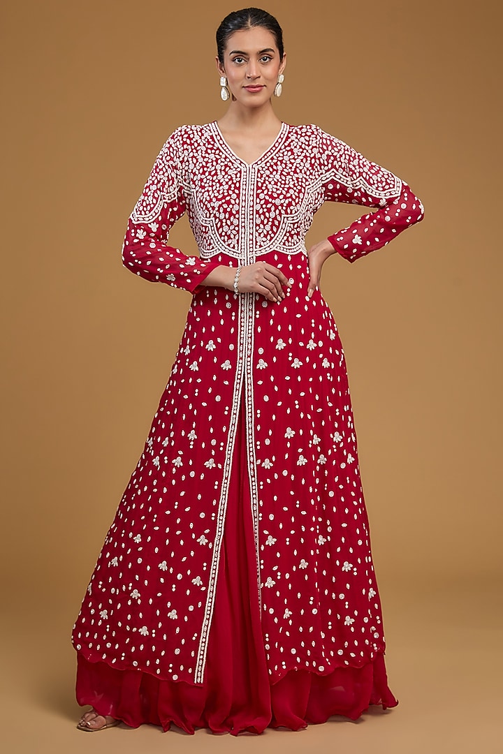 Cherry Red Georgette Cutdana Embroidered Layered Gown by Baidehi