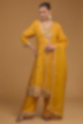 Mustard Yellow Bemberg Silk Sequins Embroidered Anarkali Set by Baidehi