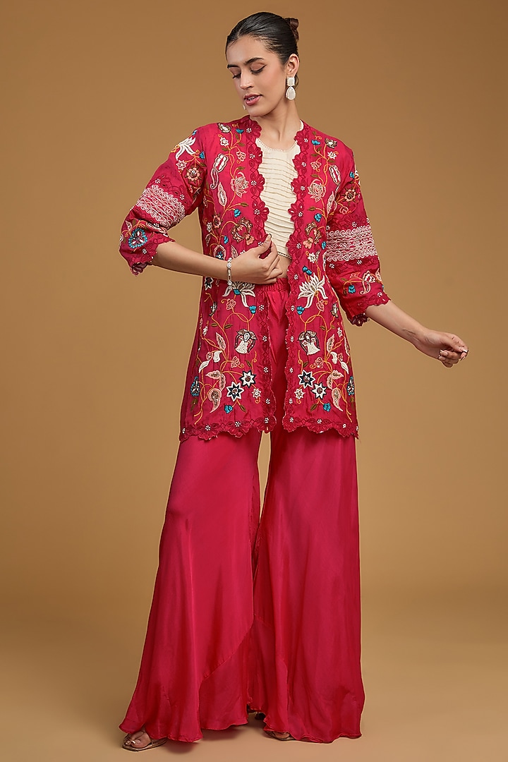 Red Bemberg Silk Floral Embroidered Jacket Set by Baidehi
