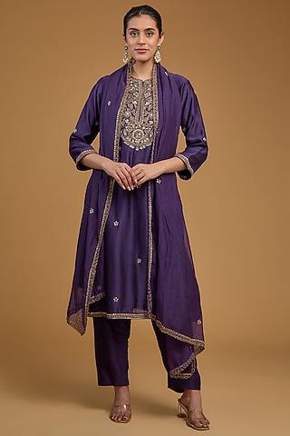 Dark Purple Chanderi Silk Sequins Embroidered Kurta Set by Baidehi