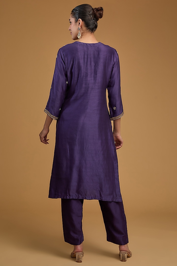 Dark Purple Chanderi Silk Sequins Embroidered Kurta Set by Baidehi at Pernia's Pop Up Shop