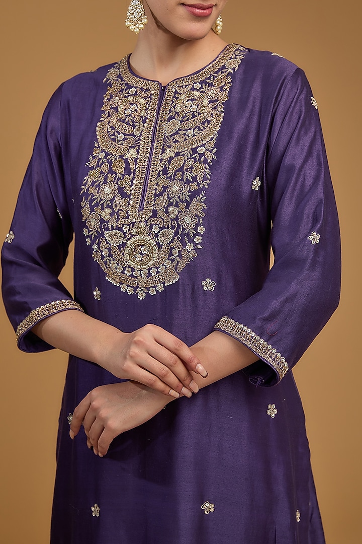 Dark Purple Chanderi Silk Sequins Embroidered Kurta Set by Baidehi at Pernia's Pop Up Shop