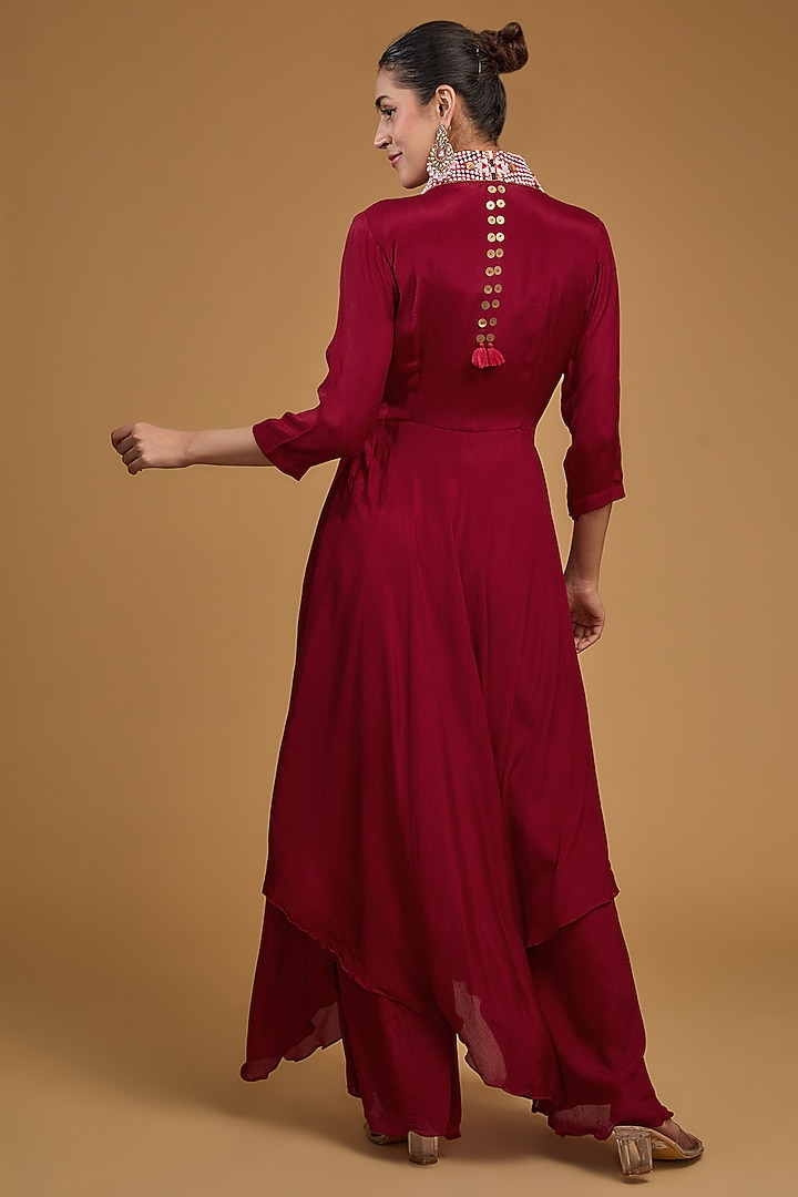 Red Chinon Georgette Sequins Embroidered Jacket Set by Baidehi at Pernia's Pop Up Shop