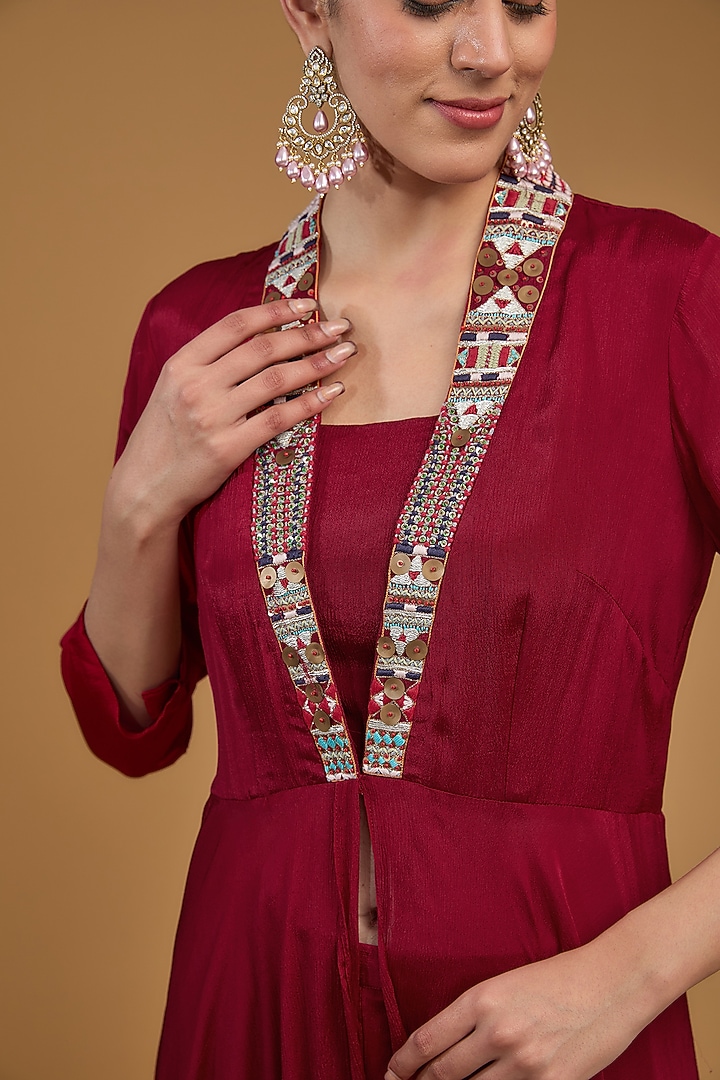Red Chinon Georgette Sequins Embroidered Jacket Set by Baidehi at Pernia's Pop Up Shop