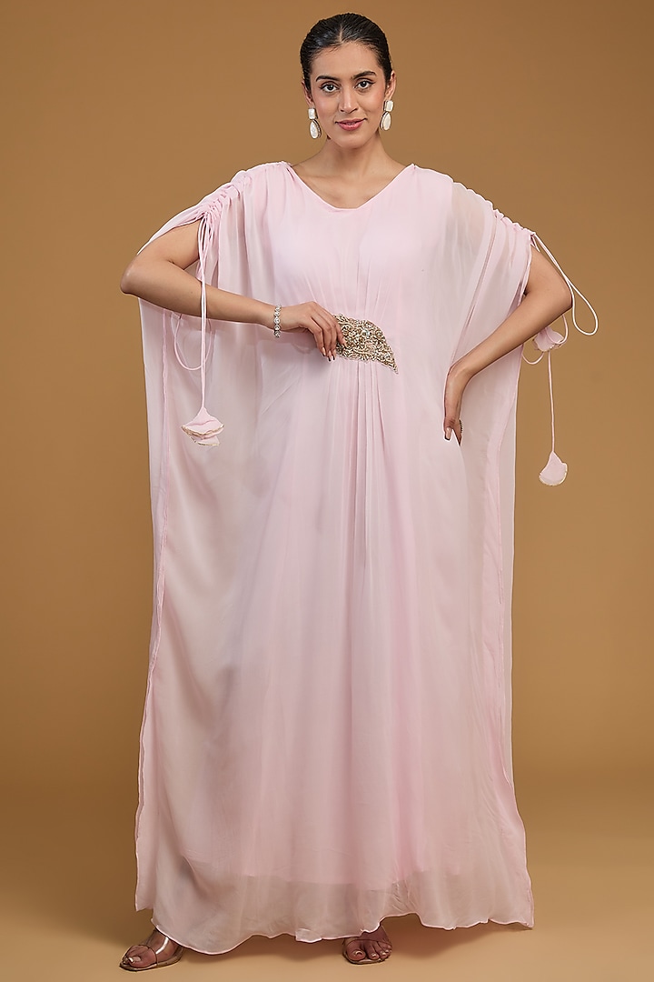 Pink Georgette Sequins Embroidered Draped Kaftan by Baidehi