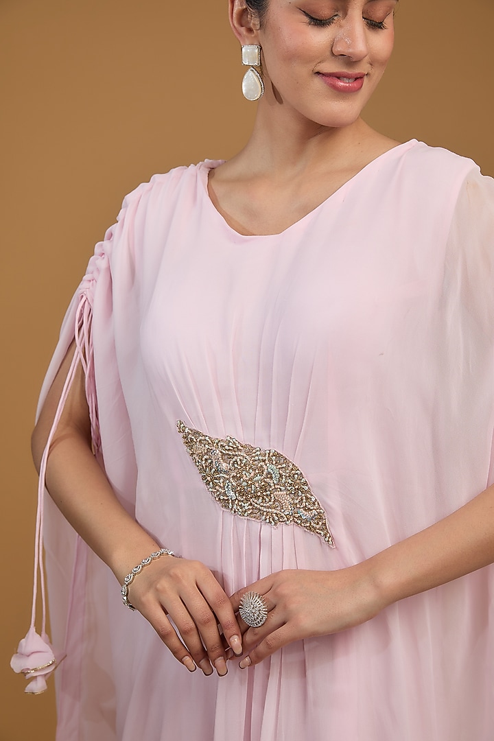 Pink Georgette Sequins Embroidered Draped Kaftan by Baidehi at Pernia's Pop Up Shop