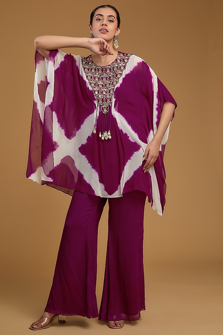 Purple Georgette Printed & Embroidered Kaftan Set by Baidehi