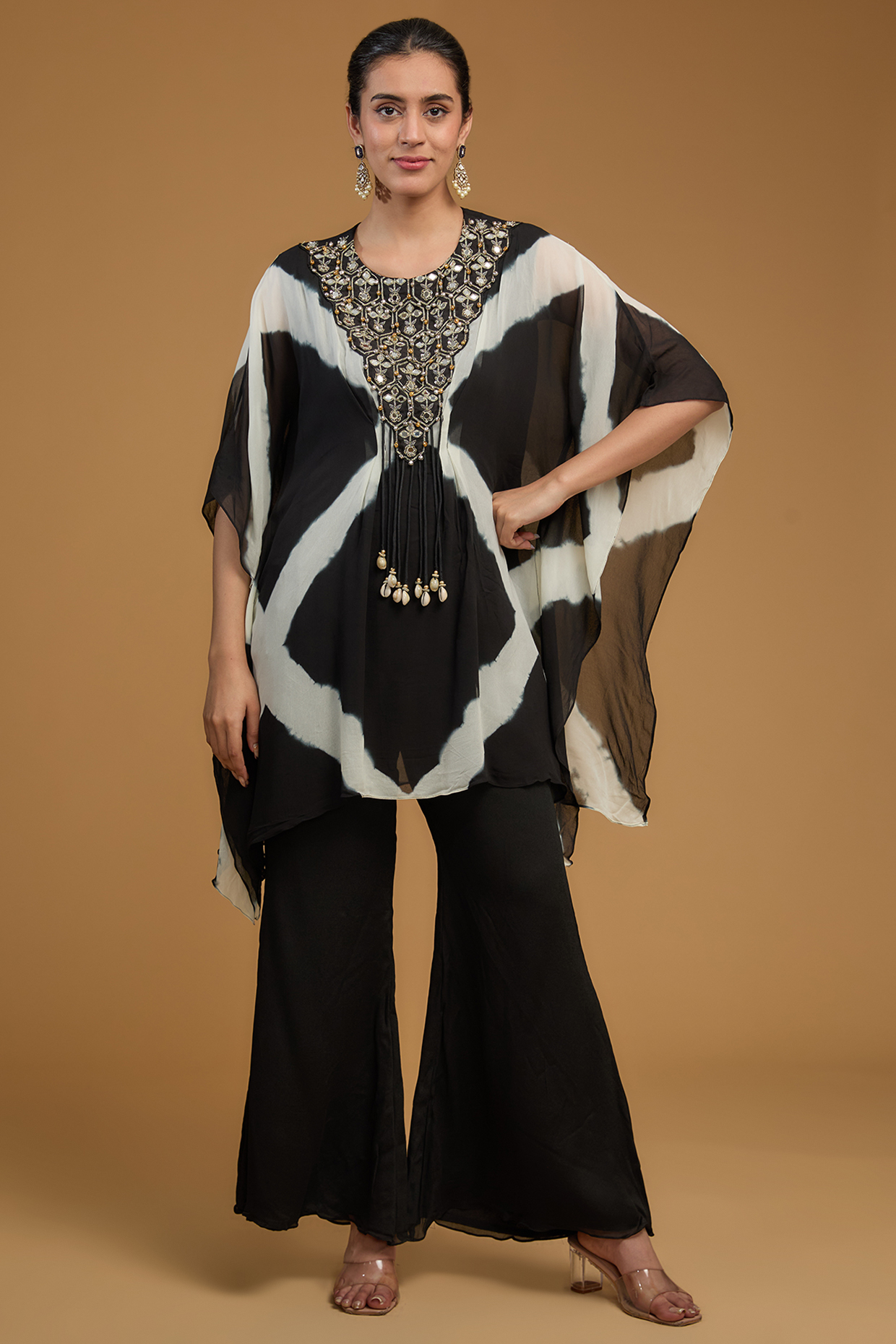 Black Georgette Printed & Embroidered Kaftan Set by Baidehi at Pernia's Pop Up Shop