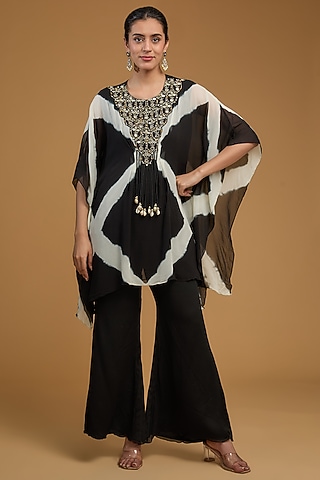 Black Georgette Printed & Embroidered Kaftan Set by Baidehi