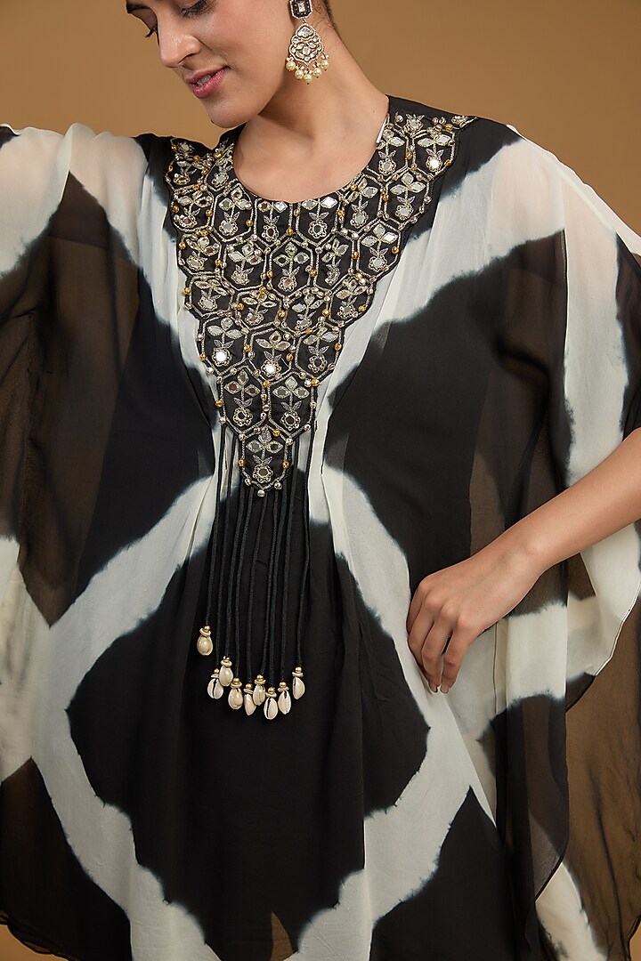 Black Georgette Printed & Embroidered Kaftan Set by Baidehi at Pernia's Pop Up Shop
