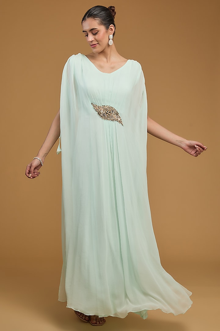 Ice Blue Georgette Sequins Embroidered Kaftan by Baidehi