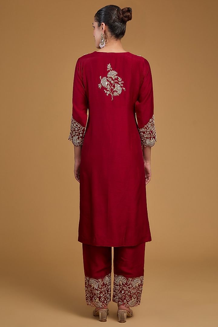 Red Bemberg Silk Zari Embroidered Kurta Set by Baidehi at Pernia's Pop Up Shop
