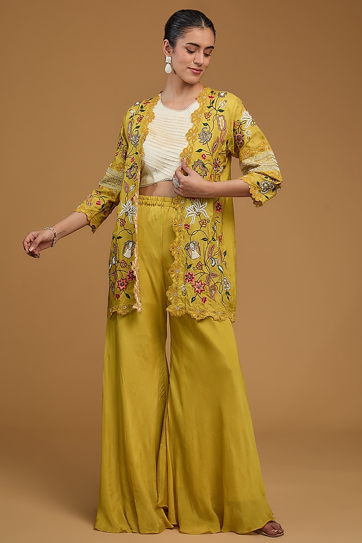 Mustard Bemberg Silk Floral Embroidered Jacket Set by Baidehi