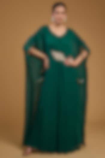 Bottle Green Georgette Thread Embroidered Draped Kaftan by Baidehi