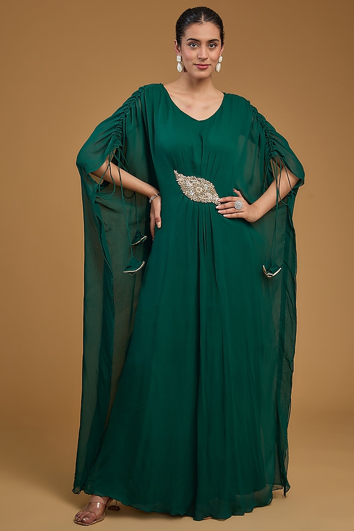 Bottle Green Georgette Thread Embroidered Draped Kaftan by Baidehi