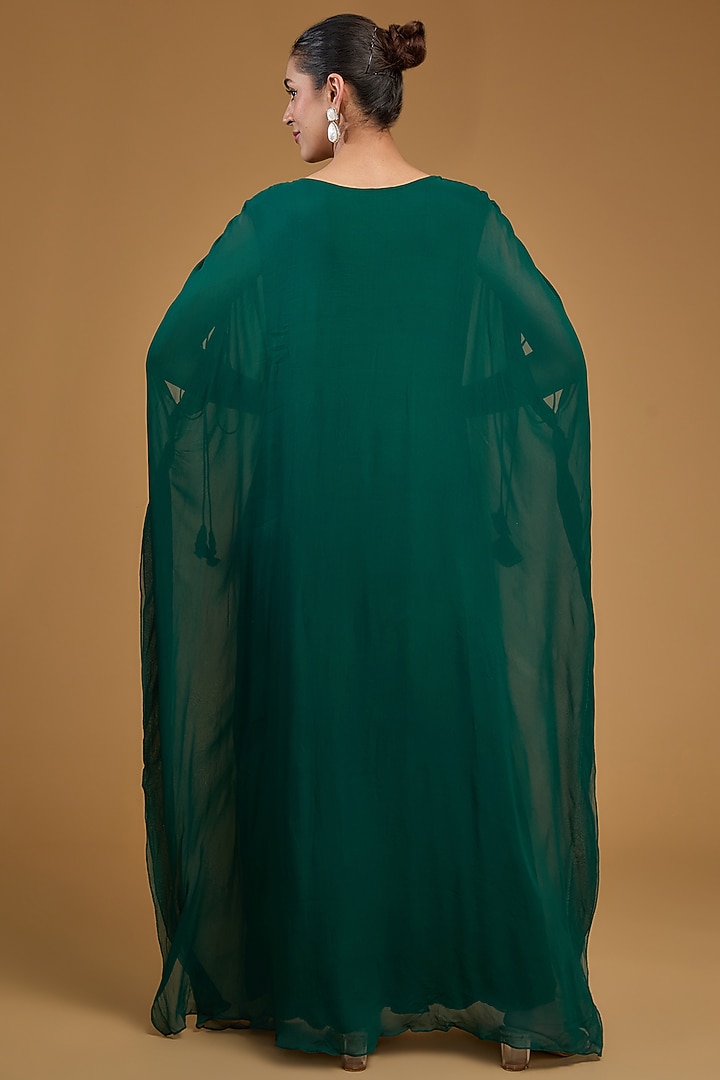 Bottle Green Georgette Thread Embroidered Draped Kaftan by Baidehi at Pernia's Pop Up Shop