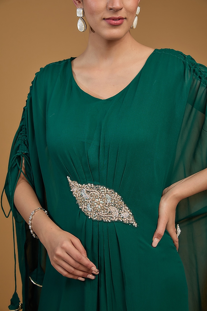 Bottle Green Georgette Thread Embroidered Draped Kaftan by Baidehi at Pernia's Pop Up Shop