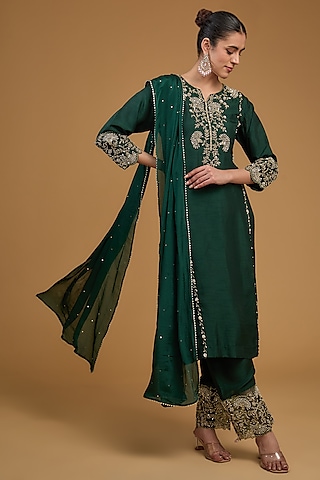 Bottle Green Bemberg Silk Sequins Embroidered Kurta Set by Baidehi