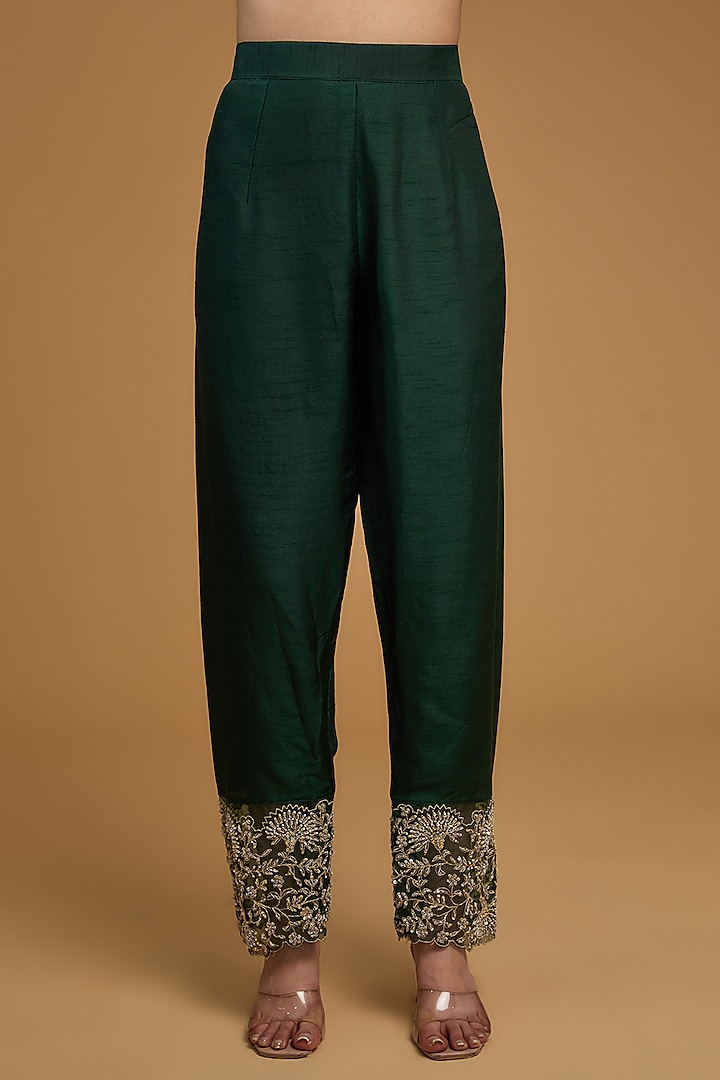 Bottle Green Bemberg Silk Sequins Embroidered Kurta Set by Baidehi at Pernia's Pop Up Shop