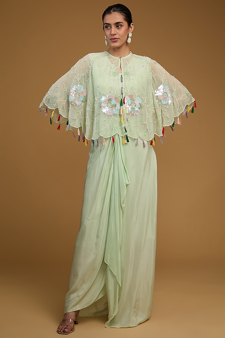 Mint Green Crepe Skirt Set by Baidehi