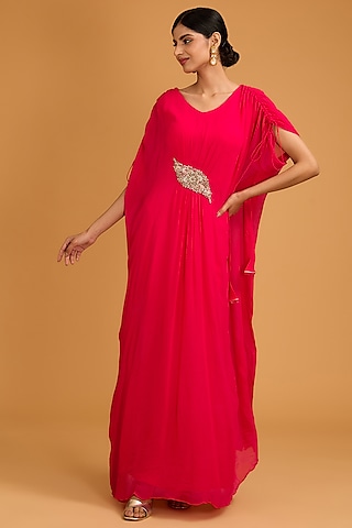 Cherry Red Georgette Sequins Embroidered Draped Kaftan by Baidehi