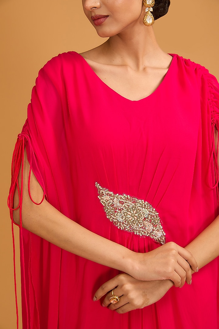 Cherry Red Georgette Sequins Embroidered Draped Kaftan by Baidehi at Pernia's Pop Up Shop