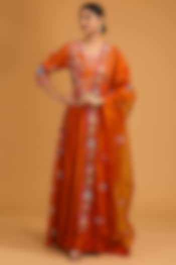 Rust Orange Bamberg Silk Floral Embroidered Anarkali Set by Baidehi