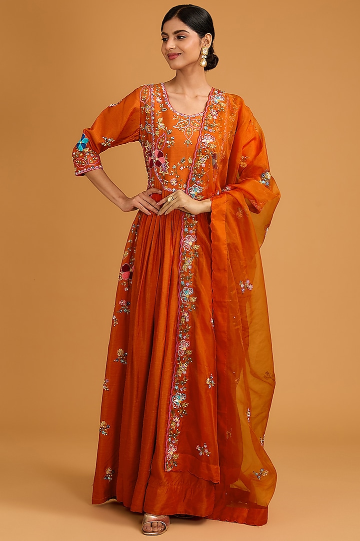 Rust Orange Bamberg Silk Floral Embroidered Anarkali Set by Baidehi