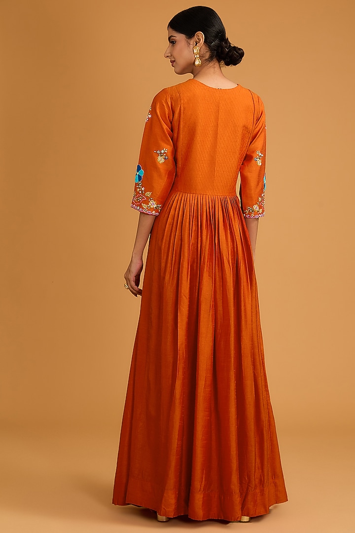Rust Orange Bamberg Silk Floral Embroidered Wedding Anarkali Set by Baidehi at Pernia's Pop Up Shop