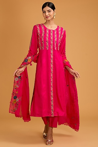 Fuchsia Pink Bamberg Silk Cutdana Embroidered Straight Kurta Set by Baidehi