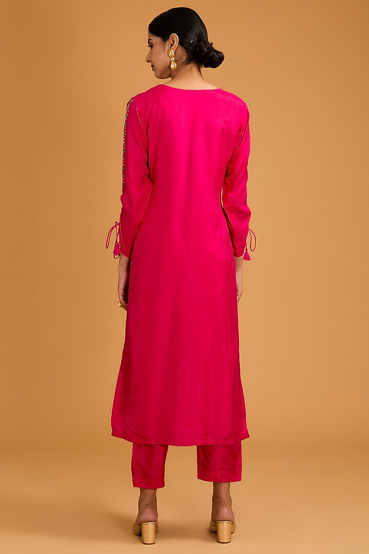 Fuchsia Pink Bamberg Silk Cutdana Embroidered Straight Kurta Set by Baidehi at Pernia's Pop Up Shop