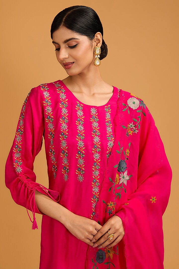Fuchsia Pink Bamberg Silk Cutdana Embroidered Straight Kurta Set by Baidehi at Pernia's Pop Up Shop