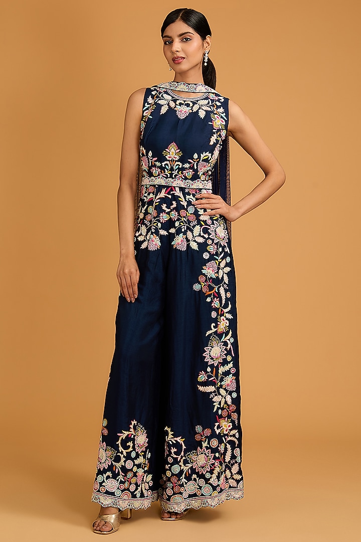 Navy Blue Bamberg Silk Gota-Patti Embroidered Jumpsuit With Dupatta by Baidehi