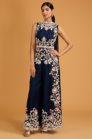Navy Blue Bamberg Silk Gota-Patti Embroidered Jumpsuit With Dupatta by Baidehi