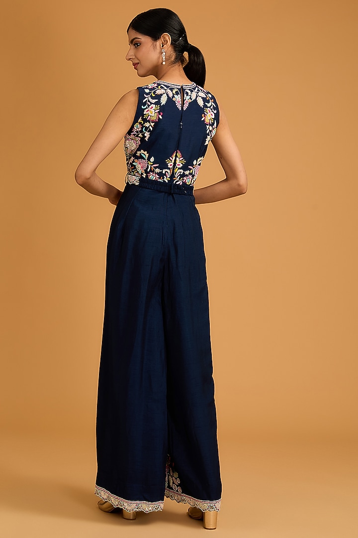 Navy Blue Bamberg Silk Gota-Patti Embroidered Jumpsuit With Dupatta by Baidehi at Pernia's Pop Up Shop